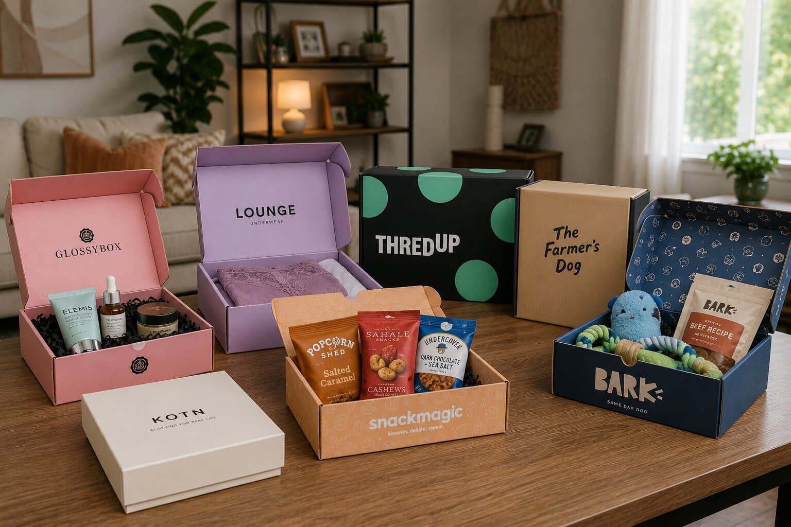 Various branded subscription and e-commerce mailer boxes filled with products