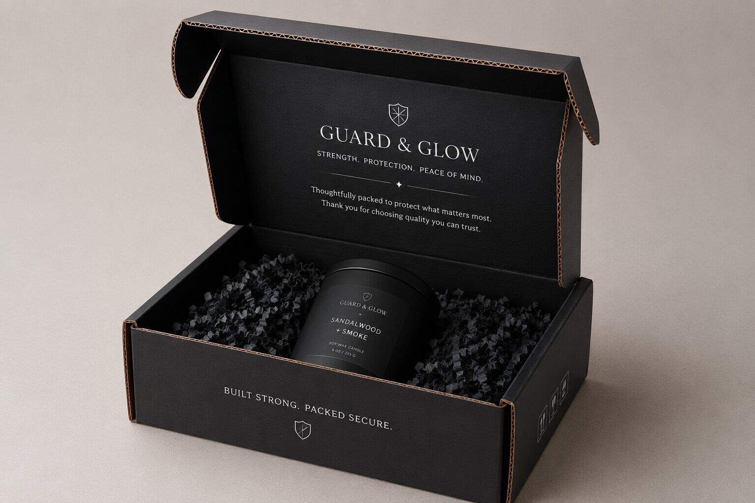 Black C-flute mailer box with a product